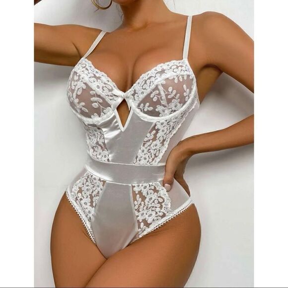 Sexy Sheer Floral Embroidered Bridal Teddy Bodysuit Lingerie - Picture 1 of 9